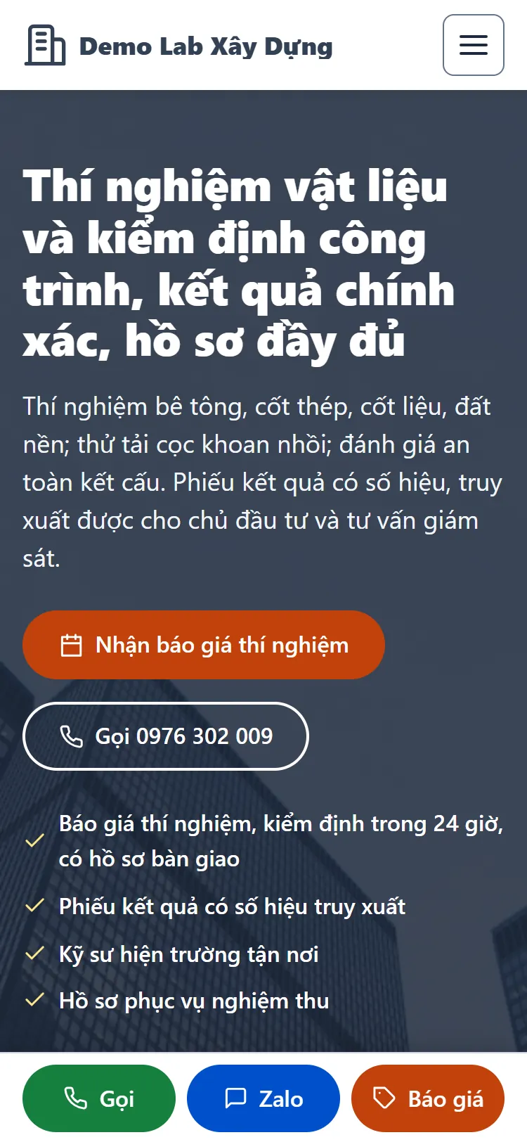 Web tĩnh Thí nghiệm & Kiểm định công trình – Trang chủ (điện thoại)