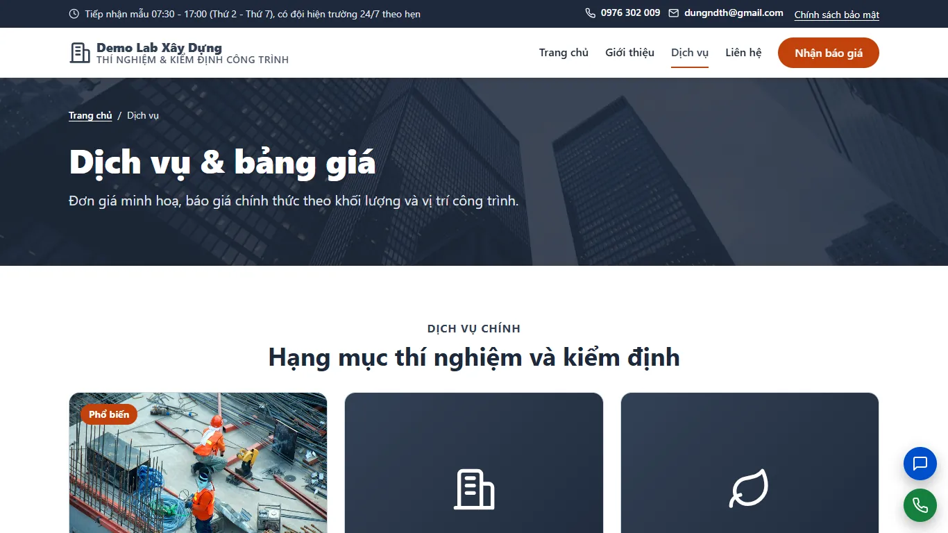 Web tĩnh Thí nghiệm & Kiểm định công trình – Dịch vụ (máy tính)