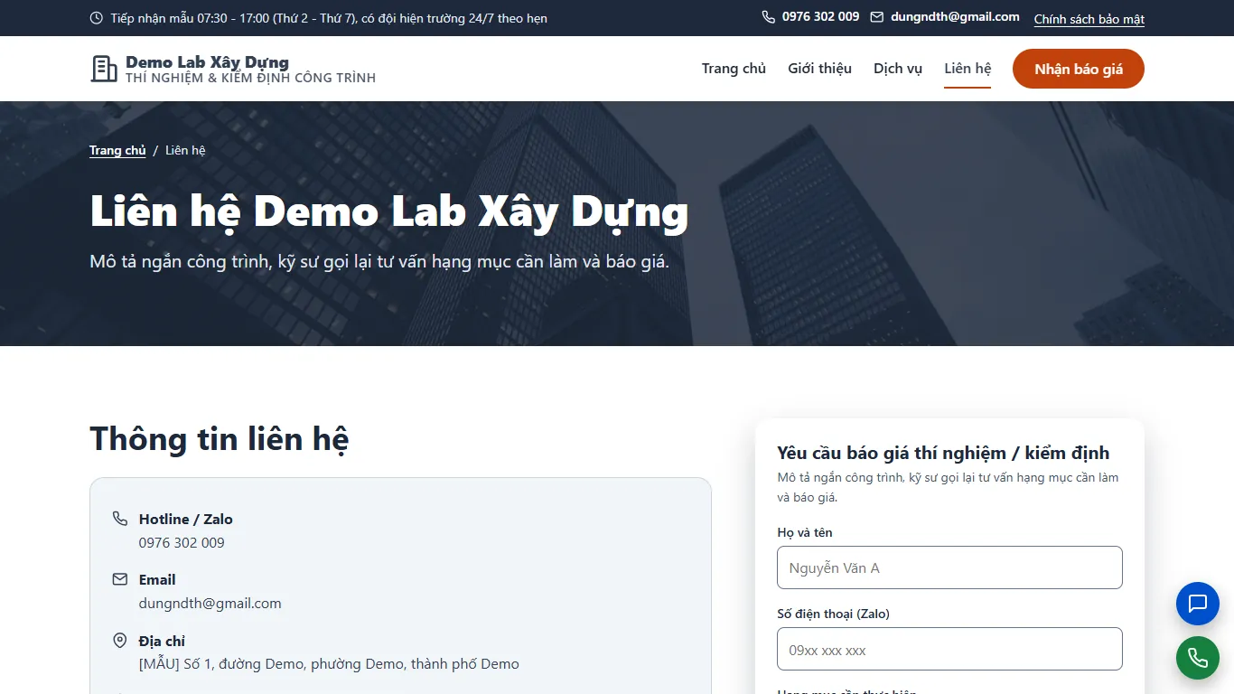 Web tĩnh Thí nghiệm & Kiểm định công trình – lien-he (máy tính)